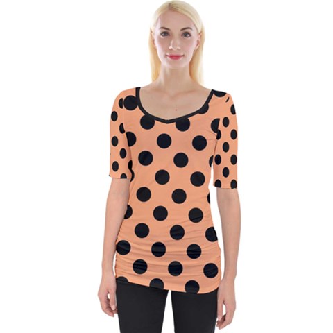 Polka Dots - Black On Cantaloupe Orange Wide Neckline Tee by FashionBoulevard