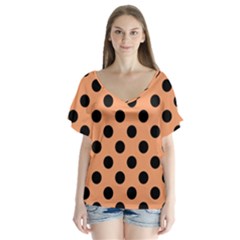 Polka Dots - Black On Cantaloupe Orange V-neck Flutter Sleeve Top by FashionBoulevard