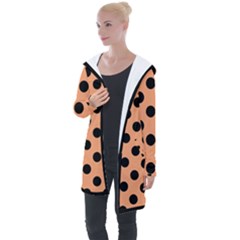Polka Dots - Black On Cantaloupe Orange Longline Hooded Cardigan by FashionBoulevard