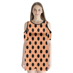 Polka Dots - Black On Cantaloupe Orange Shoulder Cutout Velvet One Piece by FashionBoulevard
