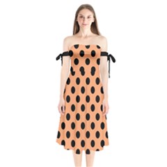 Polka Dots - Black On Cantaloupe Orange Shoulder Tie Bardot Midi Dress by FashionBoulevard