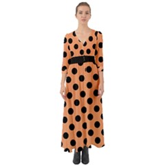Polka Dots - Black On Cantaloupe Orange Button Up Boho Maxi Dress by FashionBoulevard
