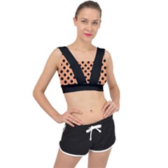 Polka Dots - Black On Cantaloupe Orange V-back Sports Bra by FashionBoulevard