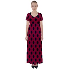 Polka Dots Black On Carmine Red High Waist Short Sleeve Maxi Dress by FashionBoulevard