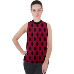 Polka Dots Black On Carmine Red Mock Neck Chiffon Sleeveless Top by FashionBoulevard