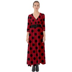 Polka Dots Black On Carmine Red Button Up Boho Maxi Dress by FashionBoulevard