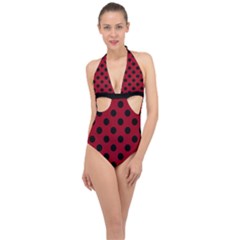 Polka Dots Black On Carmine Red Halter Front Plunge Swimsuit by FashionBoulevard