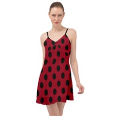 Polka Dots Black On Carmine Red Summer Time Chiffon Dress by FashionBoulevard