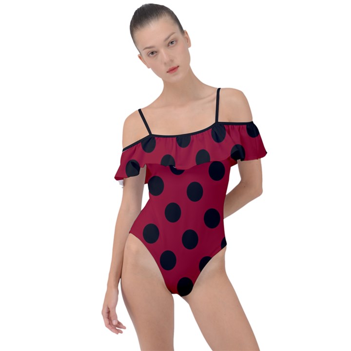 Polka Dots Black On Carmine Red Frill Detail One Piece Swimsuit