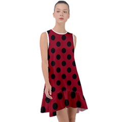 Polka Dots Black On Carmine Red Frill Swing Dress by FashionBoulevard