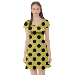 Polka Dots Black On Ceylon Yellow Short Sleeve Skater Dress by FashionBoulevard