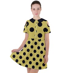 Polka Dots Black On Ceylon Yellow Short Sleeve Shoulder Cut Out Dress  by FashionBoulevard