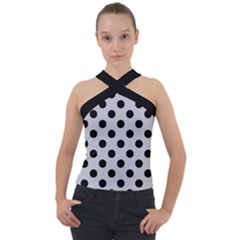 Polka Dots Black On Cloudy Grey Cross Neck Velour Top by FashionBoulevard