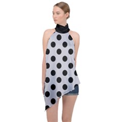 Polka Dots Black On Cloudy Grey Halter Asymmetric Satin Top by FashionBoulevard