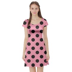 Polka Dots Black On Flamingo Pink Short Sleeve Skater Dress by FashionBoulevard