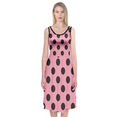 Polka Dots Black On Flamingo Pink Midi Sleeveless Dress by FashionBoulevard