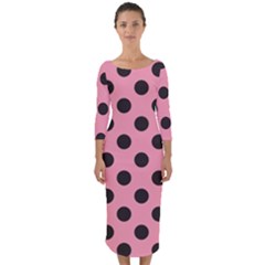 Polka Dots Black On Flamingo Pink Quarter Sleeve Midi Bodycon Dress by FashionBoulevard