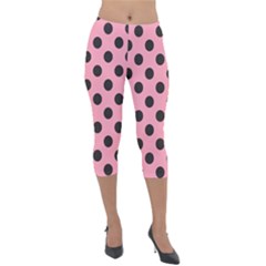 Polka Dots Black On Flamingo Pink Lightweight Velour Capri Leggings  by FashionBoulevard