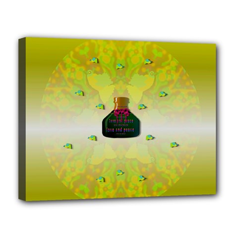 Birds And Sunshine With A Big Bottle Peace And Love Canvas 14  X 11  (stretched) by pepitasart