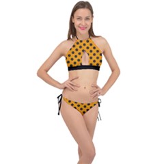 Polka Dots Black On Honey Orange Cross Front Halter Bikini Set by FashionBoulevard