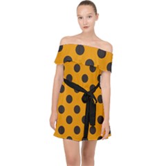 Polka Dots Black On Honey Orange Off Shoulder Chiffon Dress by FashionBoulevard