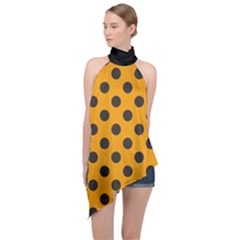 Polka Dots Black On Honey Orange Halter Asymmetric Satin Top by FashionBoulevard