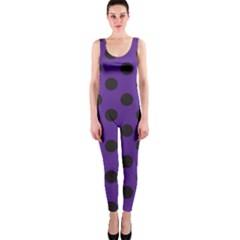 Polka Dots Black On Imperial Purple One Piece Catsuit by FashionBoulevard