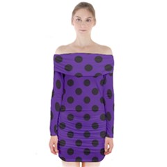 Polka Dots Black On Imperial Purple Long Sleeve Off Shoulder Dress by FashionBoulevard