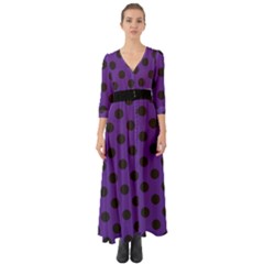 Polka Dots Black On Imperial Purple Button Up Boho Maxi Dress by FashionBoulevard