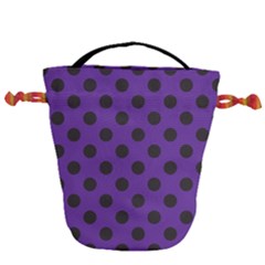 Polka Dots Black On Imperial Purple Drawstring Bucket Bag by FashionBoulevard