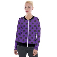 Polka Dots Black On Imperial Purple Velour Zip Up Jacket by FashionBoulevard