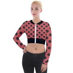 Polka Dots Black On Indian Red Long Sleeve Cropped Velvet Jacket by FashionBoulevard