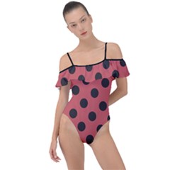 Polka Dots Black On Indian Red Frill Detail One Piece Swimsuit by FashionBoulevard