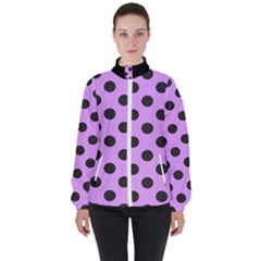 Polka Dots Black On Lavender Purple Women s High Neck Windbreaker by FashionBoulevard