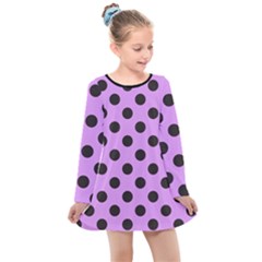 Polka Dots Black On Lavender Purple Kids  Long Sleeve Dress by FashionBoulevard