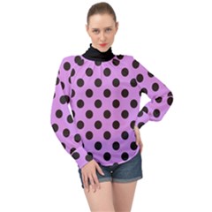 Polka Dots Black On Lavender Purple High Neck Long Sleeve Chiffon Top by FashionBoulevard