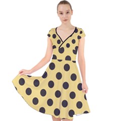 Polka Dots Black On Mellow Yellow Cap Sleeve Front Wrap Midi Dress by FashionBoulevard