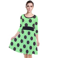 Polka Dots Black On Mint Green Quarter Sleeve Waist Band Dress