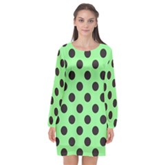 Polka Dots Black On Mint Green Long Sleeve Chiffon Shift Dress 