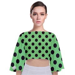 Polka Dots Black On Mint Green Tie Back Butterfly Sleeve Chiffon Top