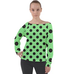 Polka Dots Black On Mint Green Off Shoulder Long Sleeve Velour Top