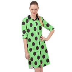 Polka Dots Black On Mint Green Long Sleeve Mini Shirt Dress by FashionBoulevard