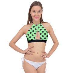 Polka Dots Black On Mint Green Cross Front Halter Bikini Top