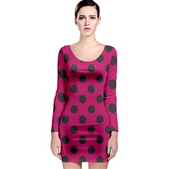 Polka Dots Black On Peacock Pink Long Sleeve Bodycon Dress by FashionBoulevard