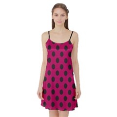 Polka Dots Black On Peacock Pink Satin Night Slip by FashionBoulevard