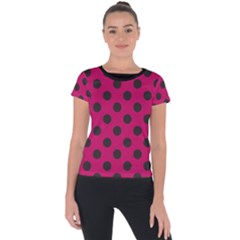 Polka Dots Black On Peacock Pink Short Sleeve Sports Top 