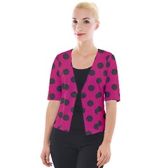 Polka Dots Black On Peacock Pink Cropped Button Cardigan by FashionBoulevard