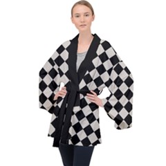 Block Fiesta Black And Abalone Grey Long Sleeve Velvet Kimono  by FashionBoulevard