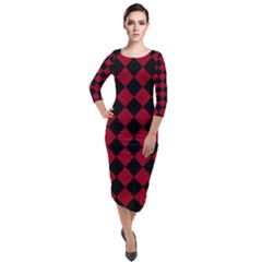 Block Fiesta Black And Carmine Red  Quarter Sleeve Midi Velour Bodycon Dress