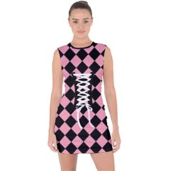 Block Fiesta Black And Flamingo Pink Lace Up Front Bodycon Dress by FashionBoulevard